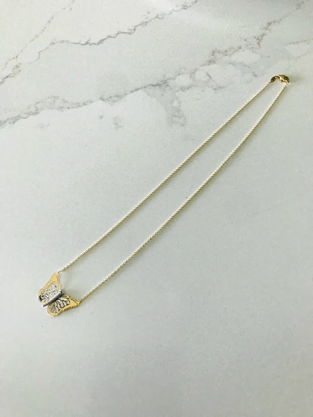 14k Yellow Gold and White Gold Butterfly Necklace 17", Dainty Butterfly Chain, Layering Necklace, Butterfly Chain