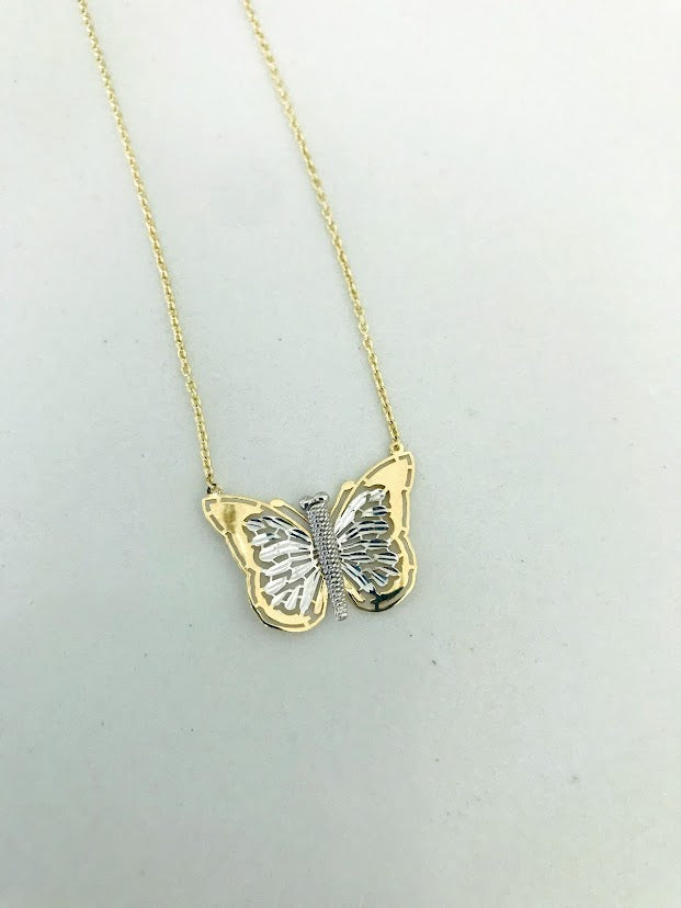 14k Yellow Gold and White Gold Butterfly Necklace 17", Dainty Butterfly Chain, Layering Necklace, Butterfly Chain