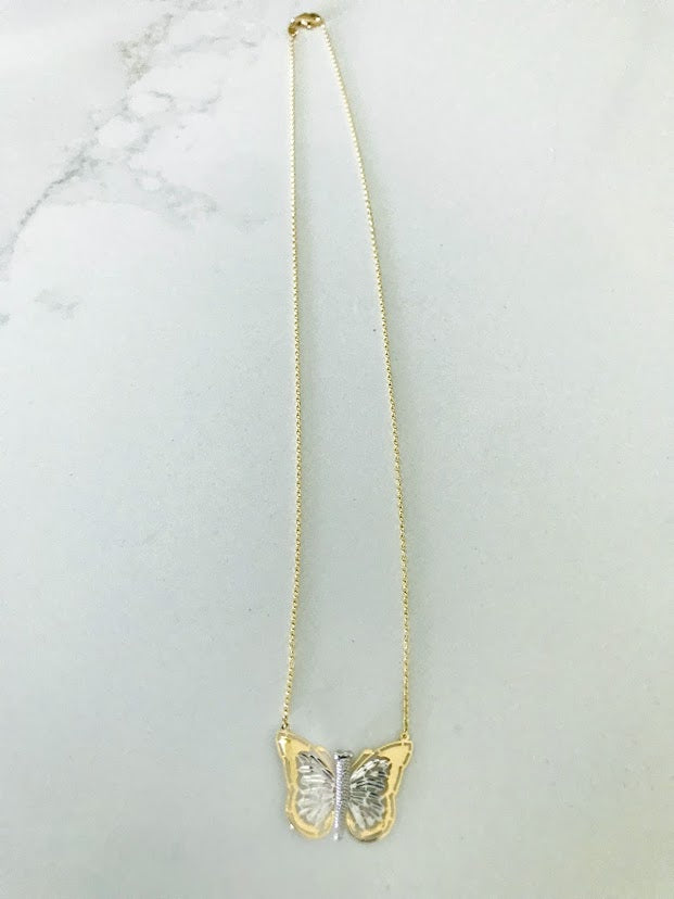14k Yellow Gold and White Gold Butterfly Necklace 17", Dainty Butterfly Chain, Layering Necklace, Butterfly Chain