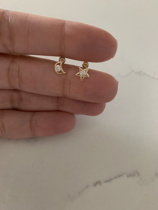 14K Yellow Gold Moon & Star CZ Stud Earrings, Star Earrings, Starburst Yellow Gold Studs, 14K Yellow Gold Earrings, Moon Earrings