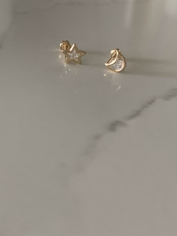 14K Yellow Gold Moon & Star CZ Stud Earrings, Star Earrings, Starburst Yellow Gold Studs, 14K Yellow Gold Earrings, Moon Earrings