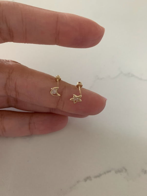 14K Yellow Gold Moon & Star CZ Stud Earrings, Star Earrings, Starburst Yellow Gold Studs, 14K Yellow Gold Earrings, Moon Earrings