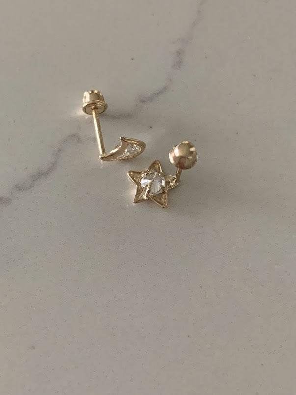 14K Yellow Gold Moon & Star CZ Stud Earrings, Star Earrings, Starburst Yellow Gold Studs, 14K Yellow Gold Earrings, Moon Earrings