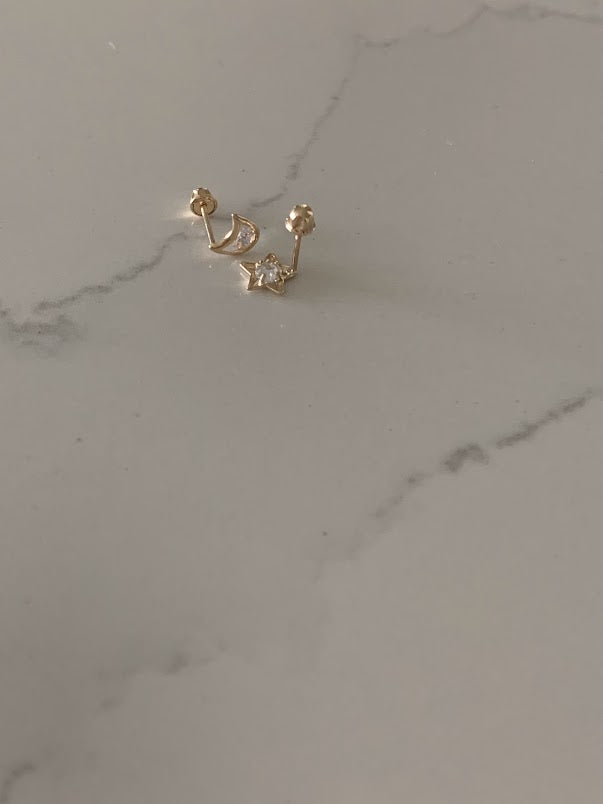 14K Yellow Gold Moon & Star CZ Stud Earrings, Star Earrings, Starburst Yellow Gold Studs, 14K Yellow Gold Earrings, Moon Earrings