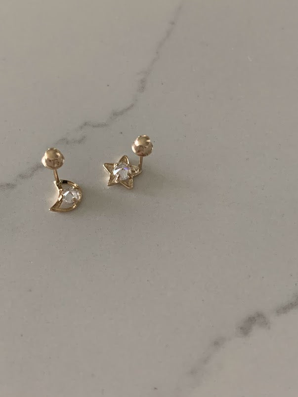 14K Yellow Gold Moon & Star CZ Stud Earrings, Star Earrings, Starburst Yellow Gold Studs, 14K Yellow Gold Earrings, Moon Earrings