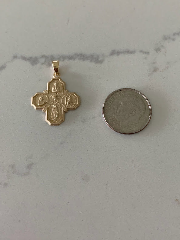 14K Solid Gold Cross | Large Yellow Gold Cross | Catholic Pendant | 14K Solid Gold Cross Christian Pendant | Four Saint Cross