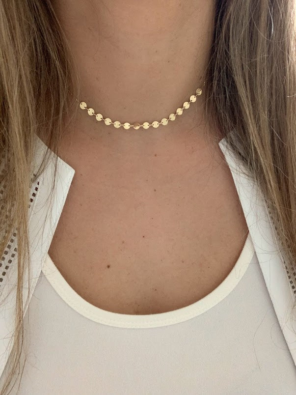14k Solid Gold Adjustable Disc Choker Necklace, Dainty Necklace, Layering Necklace, 16"/18" Necklace