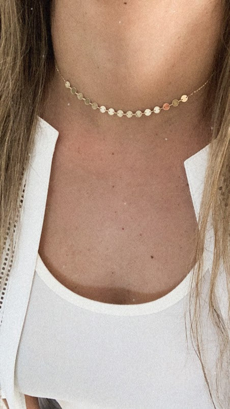 14k Solid Gold Adjustable Disc Choker Necklace, Dainty Necklace, Layering Necklace, 16"/18" Necklace