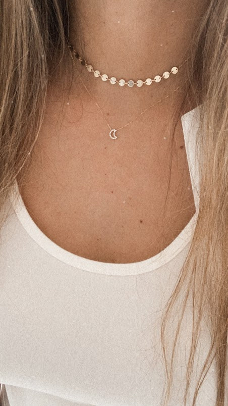14k Solid Gold Adjustable Disc Choker Necklace, Dainty Necklace, Layering Necklace, 16"/18" Necklace