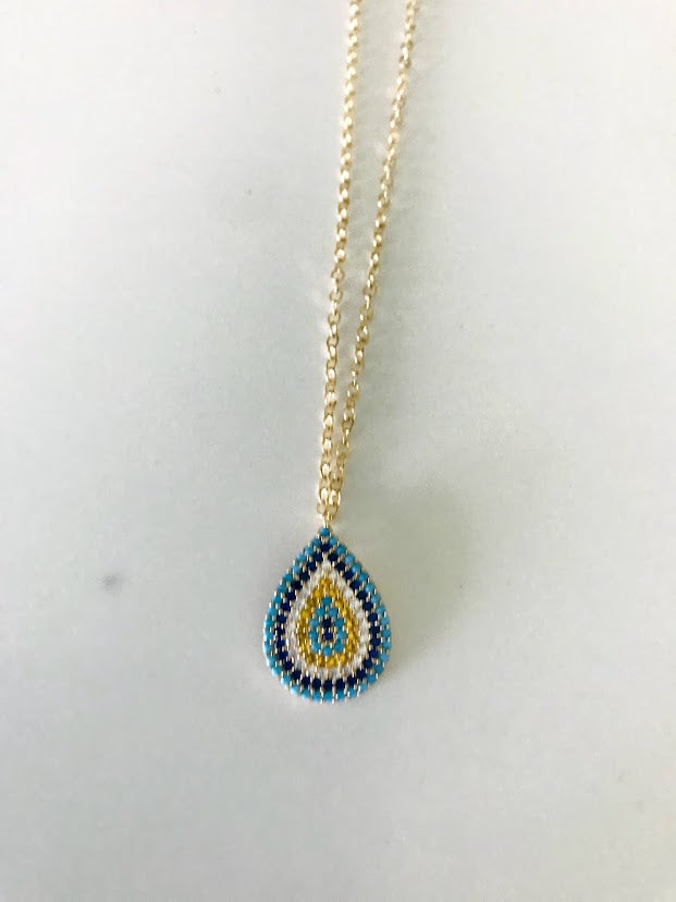 14K Gold Evil Eye Necklace with Dark Blue, Baby Blue, Yellow and Clear Zirconia