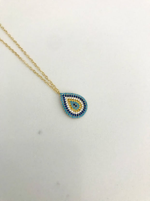 14K Gold Evil Eye Necklace with Dark Blue, Baby Blue, Yellow and Clear Zirconia