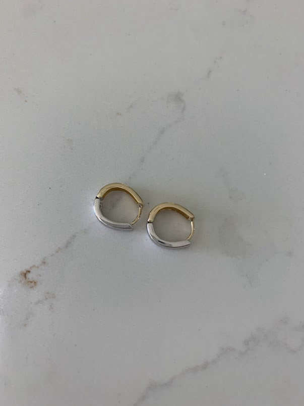 14K 12MM Two Tone Huggies, Everyday Earrings, Gold Earrings, 14K Yellow and White Gold Hoops, 14K One Loop Hoops