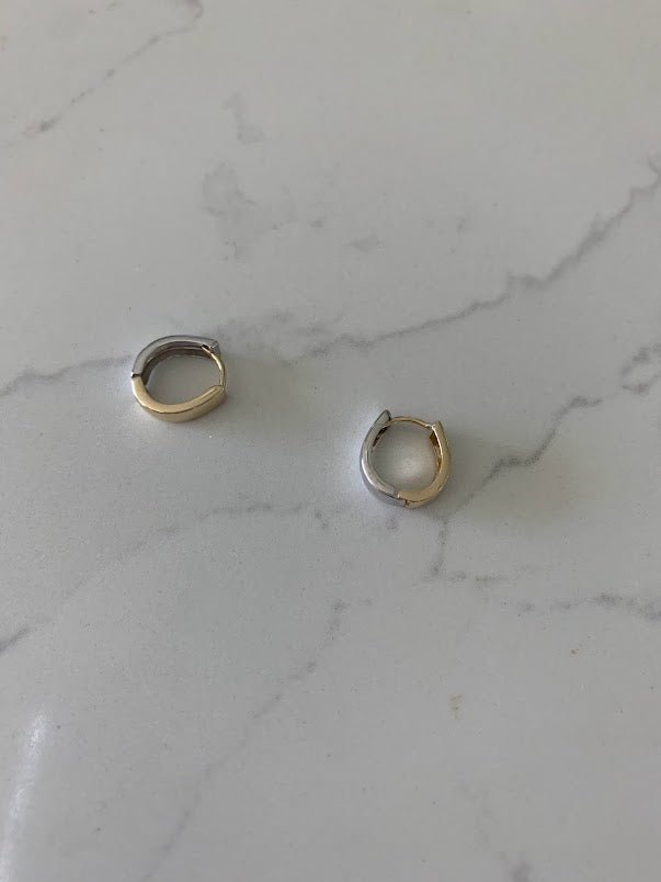14K 12MM Two Tone Huggies, Everyday Earrings, Gold Earrings, 14K Yellow and White Gold Hoops, 14K One Loop Hoops