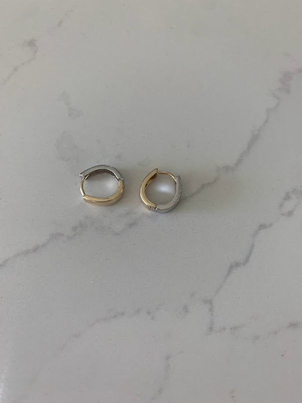 14K 12MM Two Tone Huggies, Everyday Earrings, Gold Earrings, 14K Yellow and White Gold Hoops, 14K One Loop Hoops