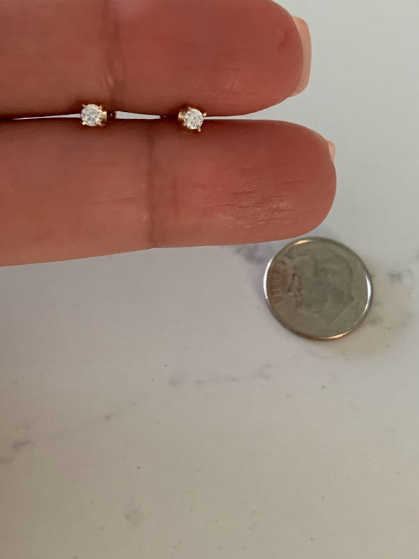 14K Gold 3MM Cubic ZC Studs on Four Prongs • CZ Earrings • 4 Prong Screw back Circular Studs • Cubic Zirconia 4 Prong Studs • 3MM C/Z