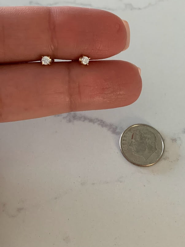 14K Gold 3MM Cubic ZC Studs on Four Prongs • CZ Earrings • 4 Prong Screw back Circular Studs • Cubic Zirconia 4 Prong Studs • 3MM C/Z