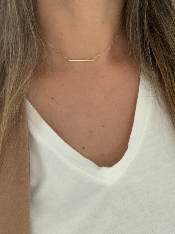 14K Gold Straight Thin Bar Necklace | 14K Gold Bar Necklace | Layering Gold Chain | SOLID GOLD