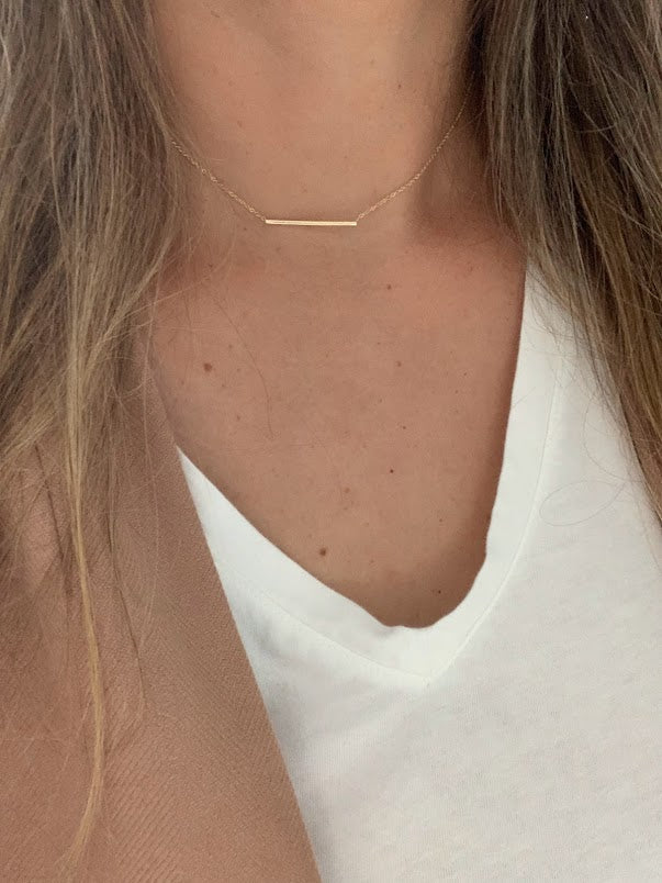 14K Gold Straight Thin Bar Necklace | 14K Gold Bar Necklace | Layering Gold Chain | SOLID GOLD