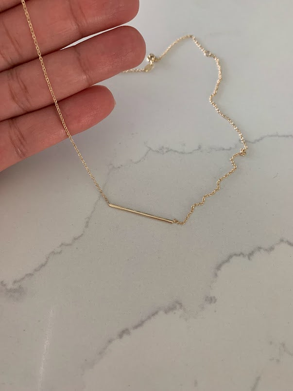 14K Gold Straight Thin Bar Necklace | 14K Gold Bar Necklace | Layering Gold Chain | SOLID GOLD