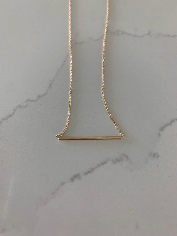 14K Gold Straight Thin Bar Necklace | 14K Gold Bar Necklace | Layering Gold Chain | SOLID GOLD
