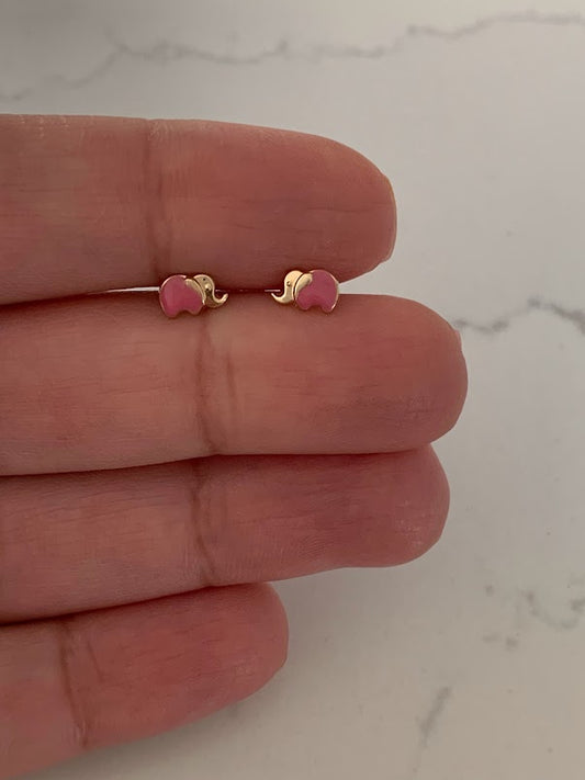 14K Pink Enamel Elephant Earrings, Dainty Earrings, Women Earrings, Kids Earrings, Solid Gold Elephant, Pink Elephants, Gold Earrings