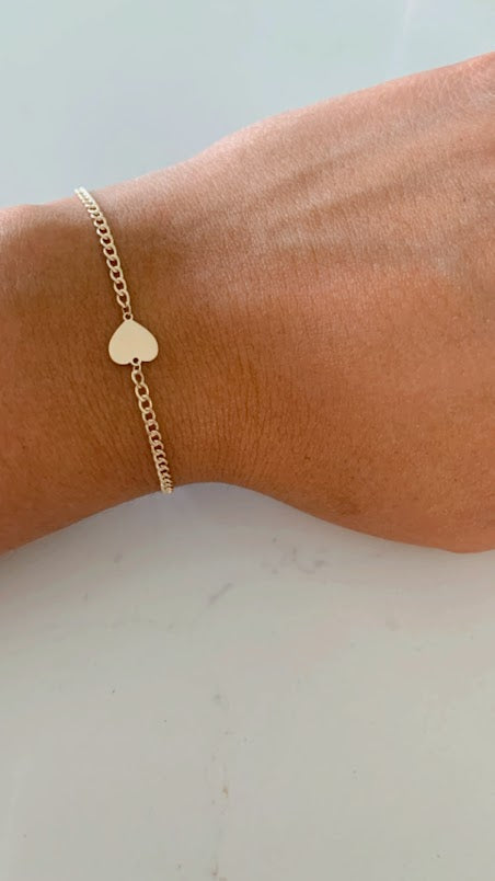14K Gold Cuban Curb Bracelet with Flat Heart • Link Bracelet  • Cuban Link Bracelet with Heart • Cuban Link • 14K Gold Bracelet •