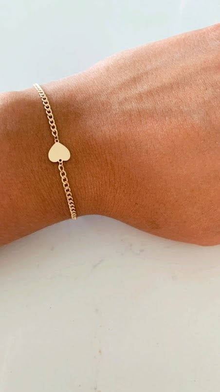 14K Gold Cuban Curb Bracelet with Flat Heart • Link Bracelet  • Cuban Link Bracelet with Heart • Cuban Link • 14K Gold Bracelet •