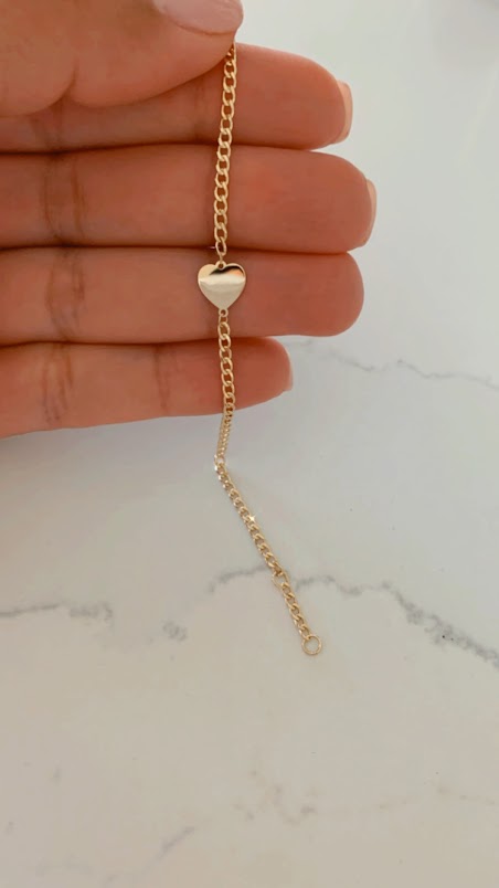 14K Gold Cuban Curb Bracelet with Flat Heart • Link Bracelet  • Cuban Link Bracelet with Heart • Cuban Link • 14K Gold Bracelet •