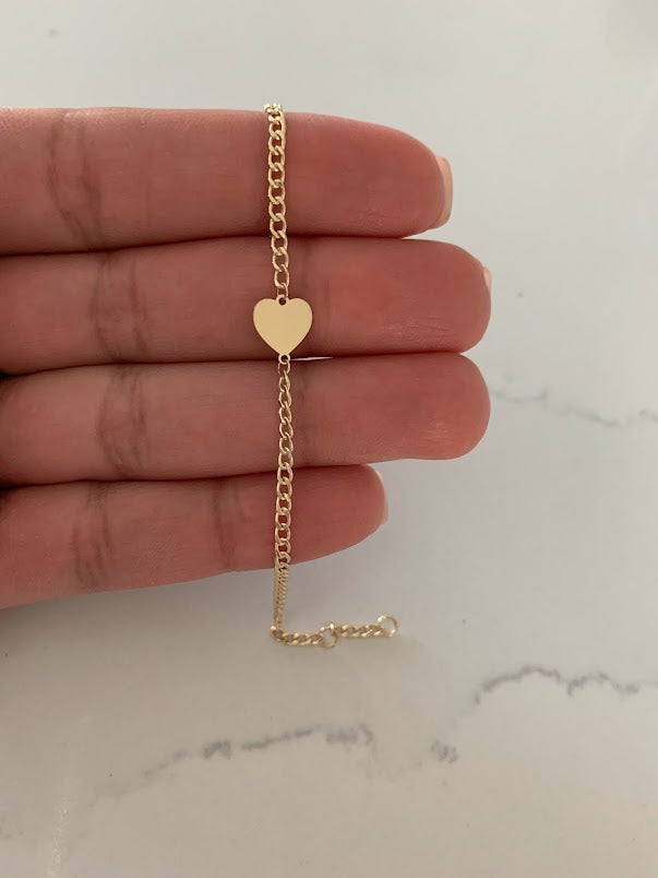14K Gold Cuban Curb Bracelet with Flat Heart • Link Bracelet  • Cuban Link Bracelet with Heart • Cuban Link • 14K Gold Bracelet •
