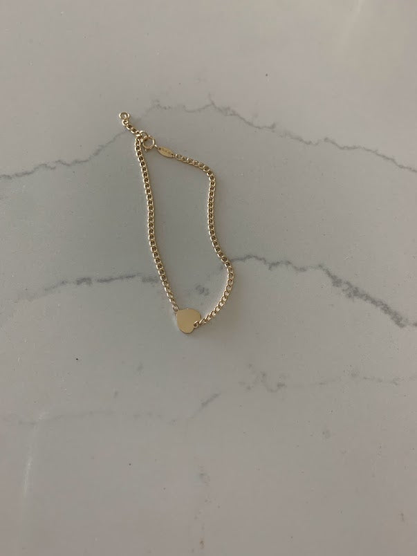 14K Gold Cuban Curb Bracelet with Flat Heart • Link Bracelet  • Cuban Link Bracelet with Heart • Cuban Link • 14K Gold Bracelet •