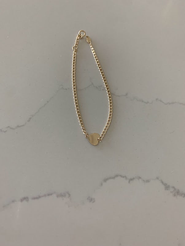 14K Gold Cuban Curb Bracelet with Flat Heart • Link Bracelet  • Cuban Link Bracelet with Heart • Cuban Link • 14K Gold Bracelet •