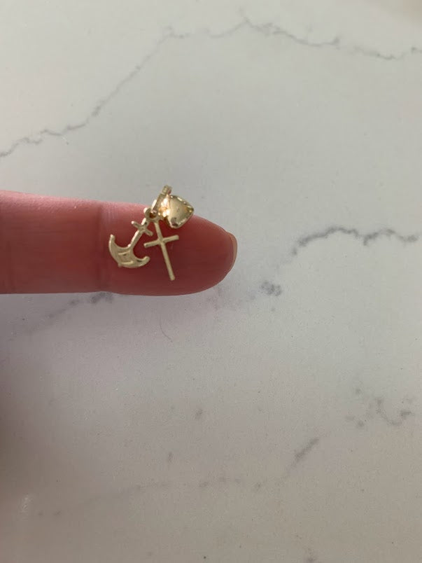 14K Gold Heart, Cross and Anchor Solid Gold Pendant | Faith, Hope and Love Charms | Puff Heart | Triple Pendant