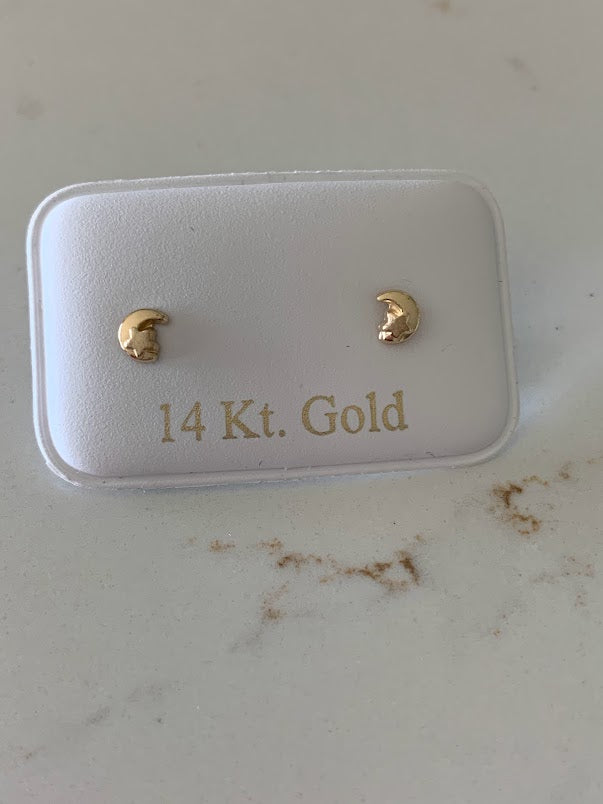 14K Gold 4MM Moon with Star Studs Earrings, Moon Earrings, Gold Studs, Celestial Earrings, 14K Gold Earrings