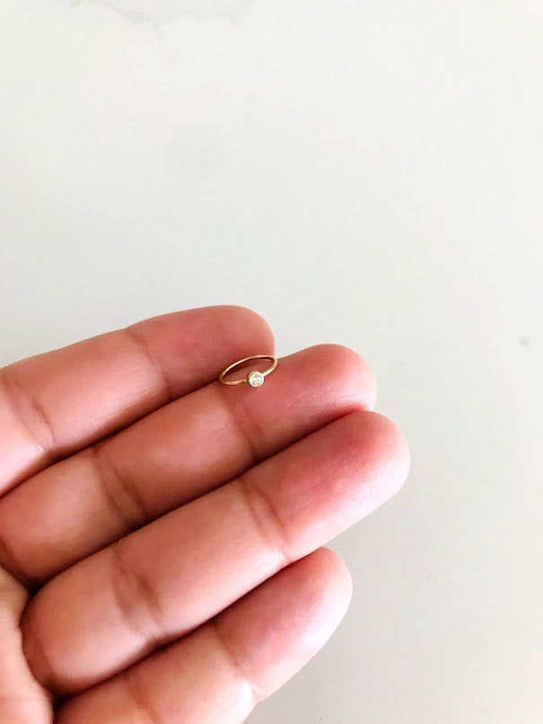 14K Yellow Gold, Hoop with Tiny Bezel Nose Ring, Yellow Gold Nose Ring, Hoop Nose Ring
