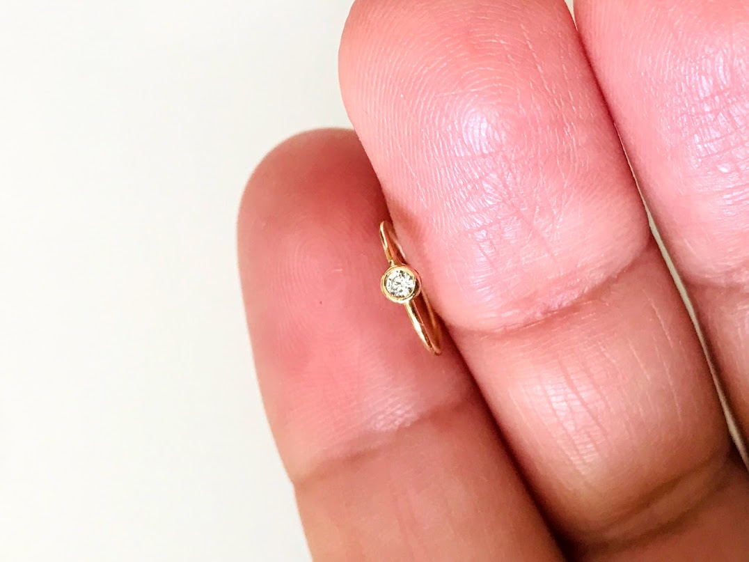 14K Yellow Gold, Hoop with Tiny Bezel Nose Ring, Yellow Gold Nose Ring, Hoop Nose Ring