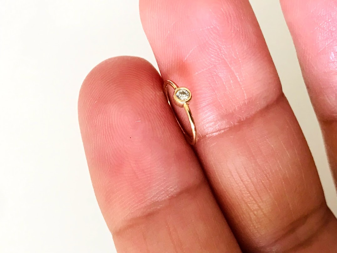 14K Yellow Gold, Hoop with Tiny Bezel Nose Ring, Yellow Gold Nose Ring, Hoop Nose Ring
