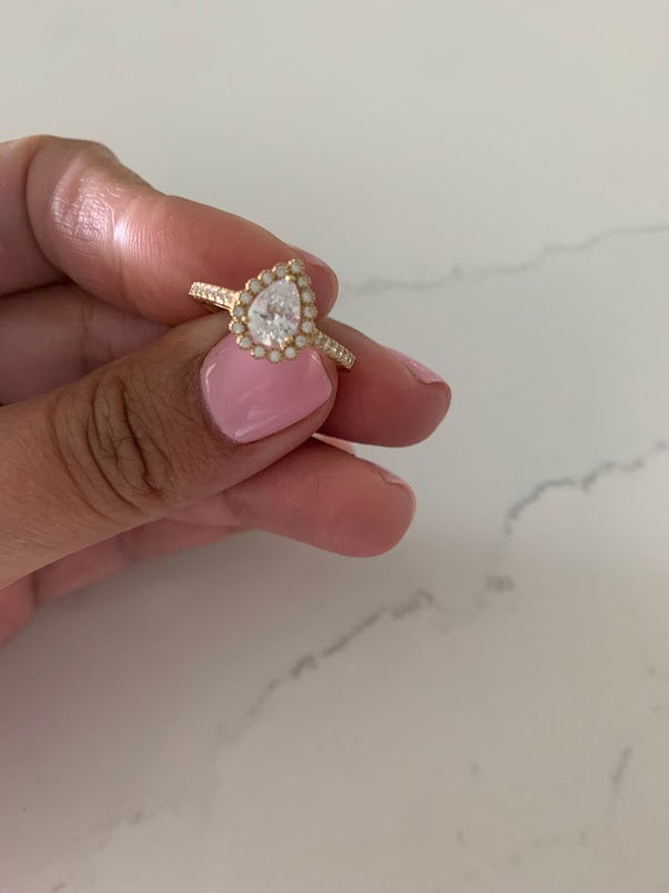 14K Yellow Gold Pear-cut Cubic Zirconia One Tier of Shimmering round Cubic Zirconia | Anniversary Ring | Engagement Ring | Ring for her