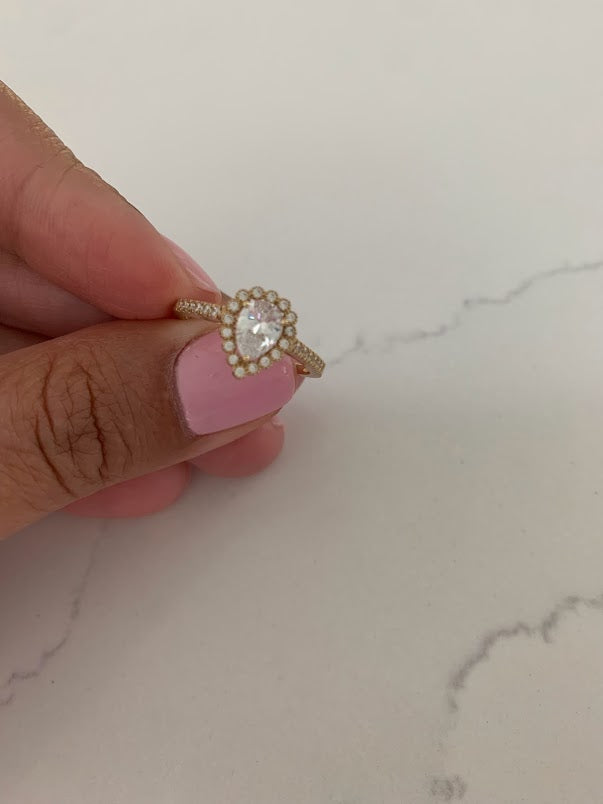 14K Yellow Gold Pear-cut Cubic Zirconia One Tier of Shimmering round Cubic Zirconia | Anniversary Ring | Engagement Ring | Ring for her