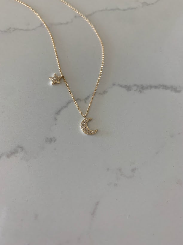 14K Gold Crescent Moon & Star Necklace with Diamonds
