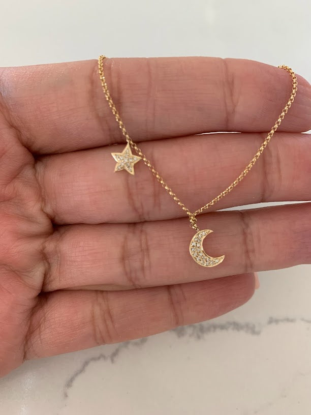 14K Gold Crescent Moon & Star Necklace with Diamonds