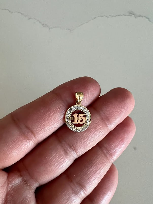 13MM 14K Solid Gold Tricolor 15th Pendant | Yellow White and Rose Gold Pendant | Quinceañera Pendant | 15th 14K Solid Gold Pendant
