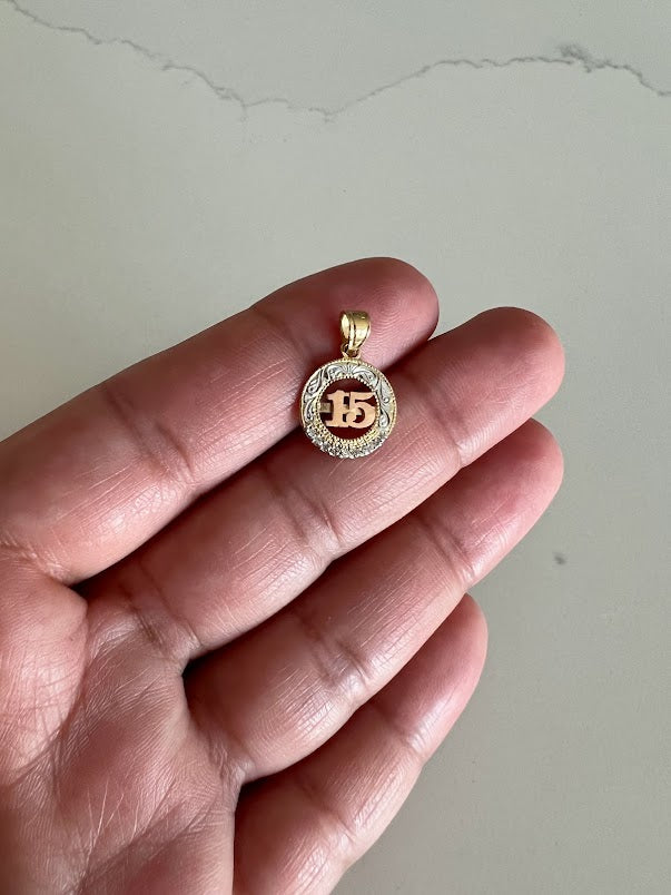 13MM 14K Solid Gold Tricolor 15th Pendant | Yellow White and Rose Gold Pendant | Quinceañera Pendant | 15th 14K Solid Gold Pendant