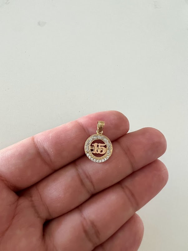 13MM 14K Solid Gold Tricolor 15th Pendant | Yellow White and Rose Gold Pendant | Quinceañera Pendant | 15th 14K Solid Gold Pendant