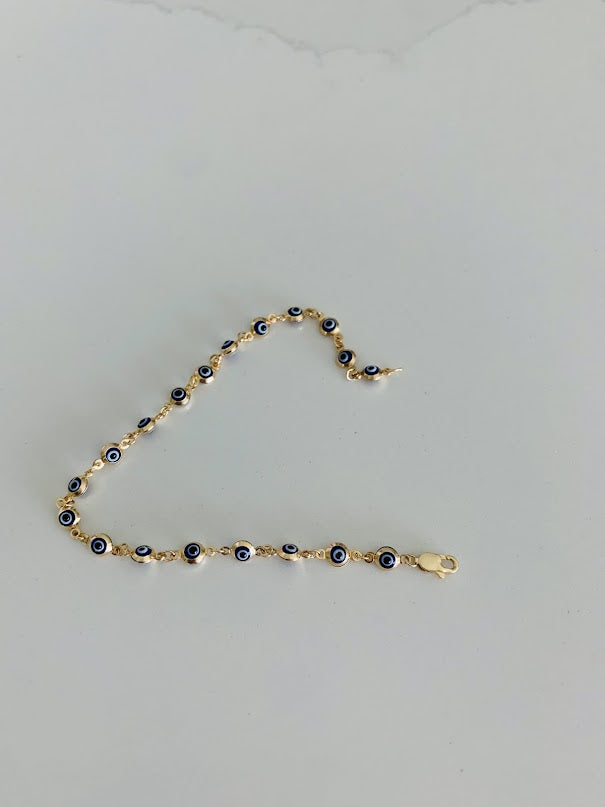 14K Gold Evil Eye Bracelet , Blue Evil Eye, 3mm Eye Diameter, 7" Length, Lobster Clasp, Dainty Bracelet