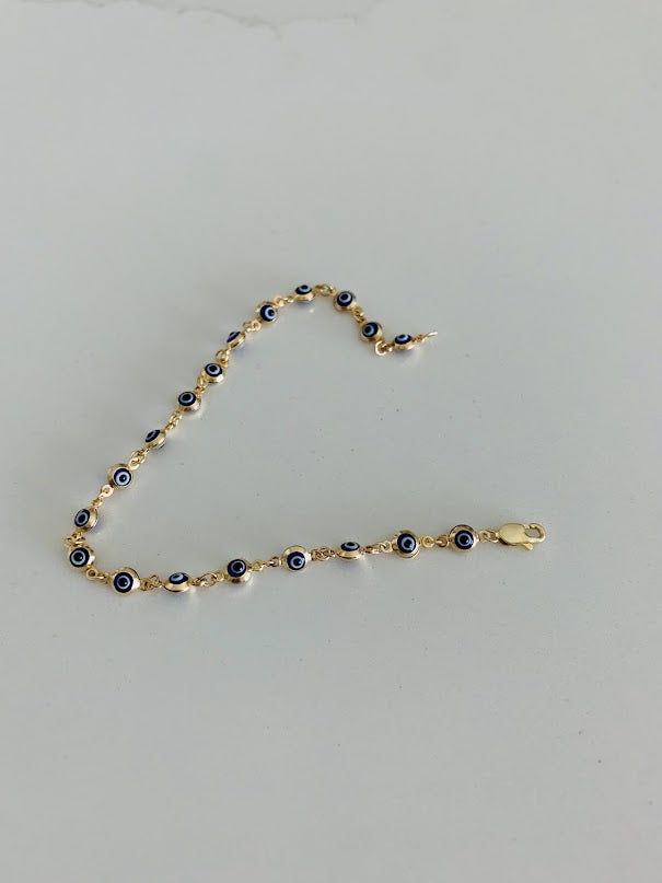 14K Gold Evil Eye Bracelet , Blue Evil Eye, 3mm Eye Diameter, 7" Length, Lobster Clasp, Dainty Bracelet
