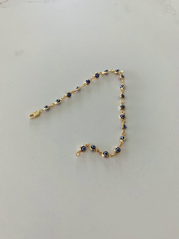 14K Gold Evil Eye Bracelet , Blue Evil Eye, 3mm Eye Diameter, 7" Length, Lobster Clasp, Dainty Bracelet