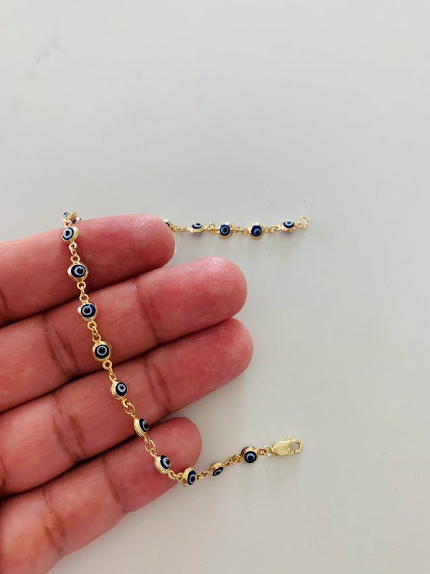 14K Gold Evil Eye Bracelet , Blue Evil Eye, 3mm Eye Diameter, 7" Length, Lobster Clasp, Dainty Bracelet