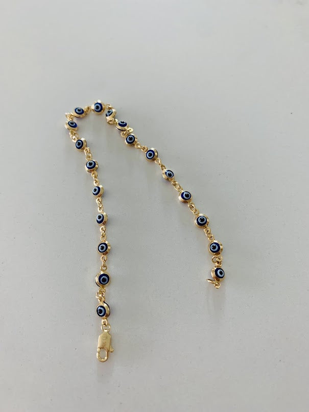 14K Gold Evil Eye Bracelet , Blue Evil Eye, 3mm Eye Diameter, 7" Length, Lobster Clasp, Dainty Bracelet