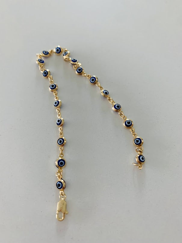 14K Gold Evil Eye Bracelet , Blue Evil Eye, 3mm Eye Diameter, 7" Length, Lobster Clasp, Dainty Bracelet