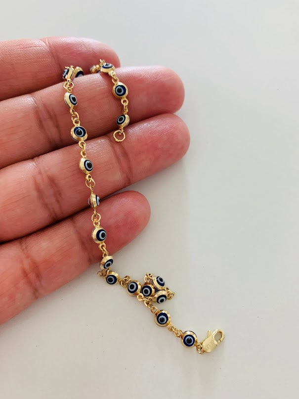 14K Gold Evil Eye Bracelet , Blue Evil Eye, 3mm Eye Diameter, 7" Length, Lobster Clasp, Dainty Bracelet